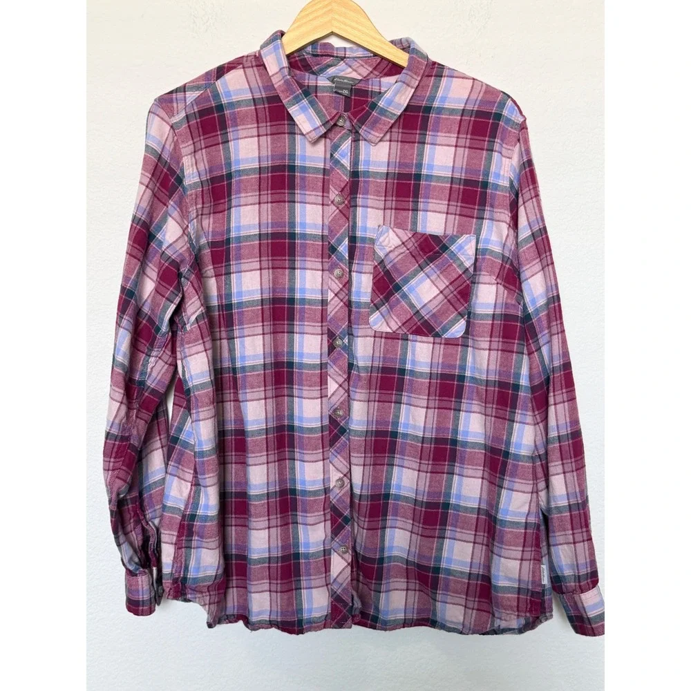 Lucky Brand Women 2XL Plaid Sheer Overlay Button Down Shirt Cotton Pink Burgundy